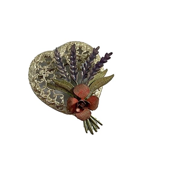 Vintage Open Metal Heart Flower Brooch Pin Pink Purple Cottagecore 2.25" X 1.75" - Picture 9 of 9